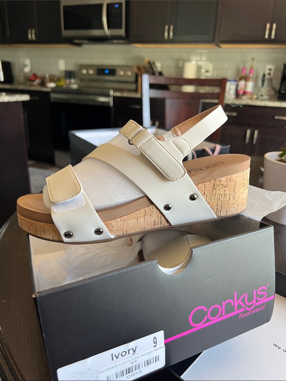 Corkys Cream Slingback Cork Wedge Sandals - Picture 2 of 5